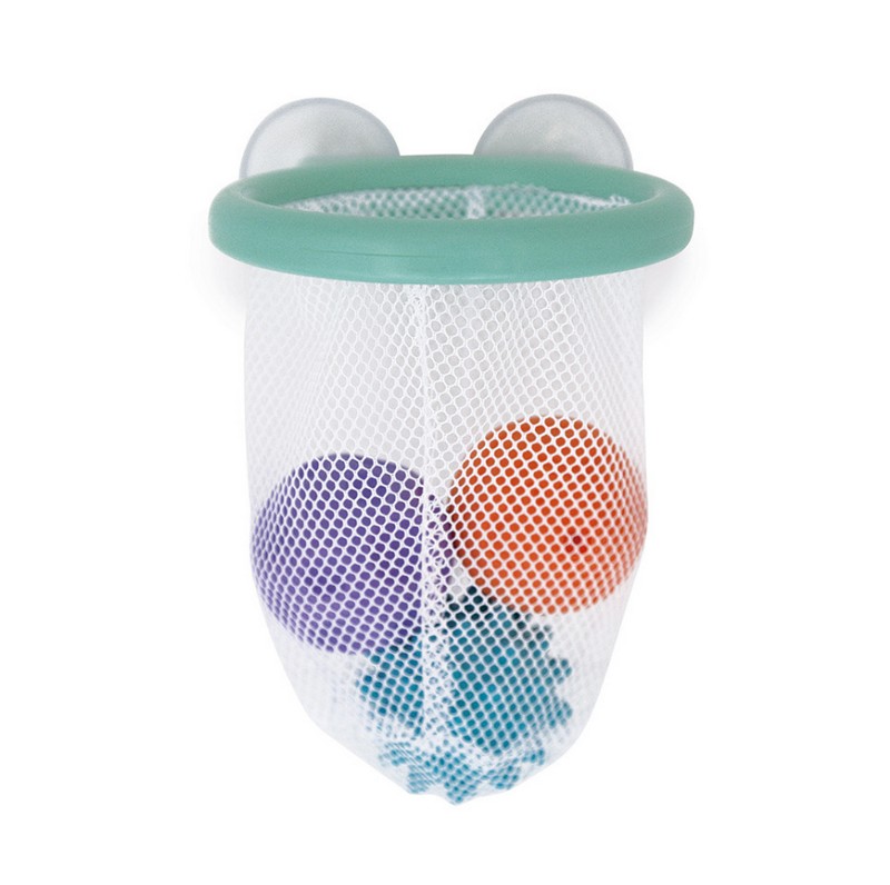 Gioco basket multisensoriale per bambini con canestro con ventosa e 3 palline diverse, adatto dai 12 mesi in su